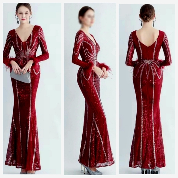 Red Sequin Backless Long Sleeve Gown - Picture 1 of 15